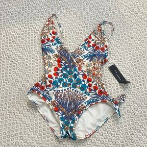 Marc Jacobs Floral One-Piece Swimsuit in White, Blue, Red, Brown